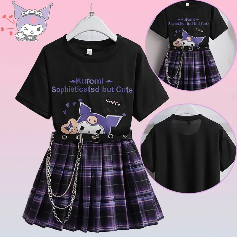 Sanrio Kuromi Short-Sleeved Suit T-Shirt Kawaii Jk Uniform Skirt College Pleated Skirt Two-Piece Trendy Fashionable Skirt