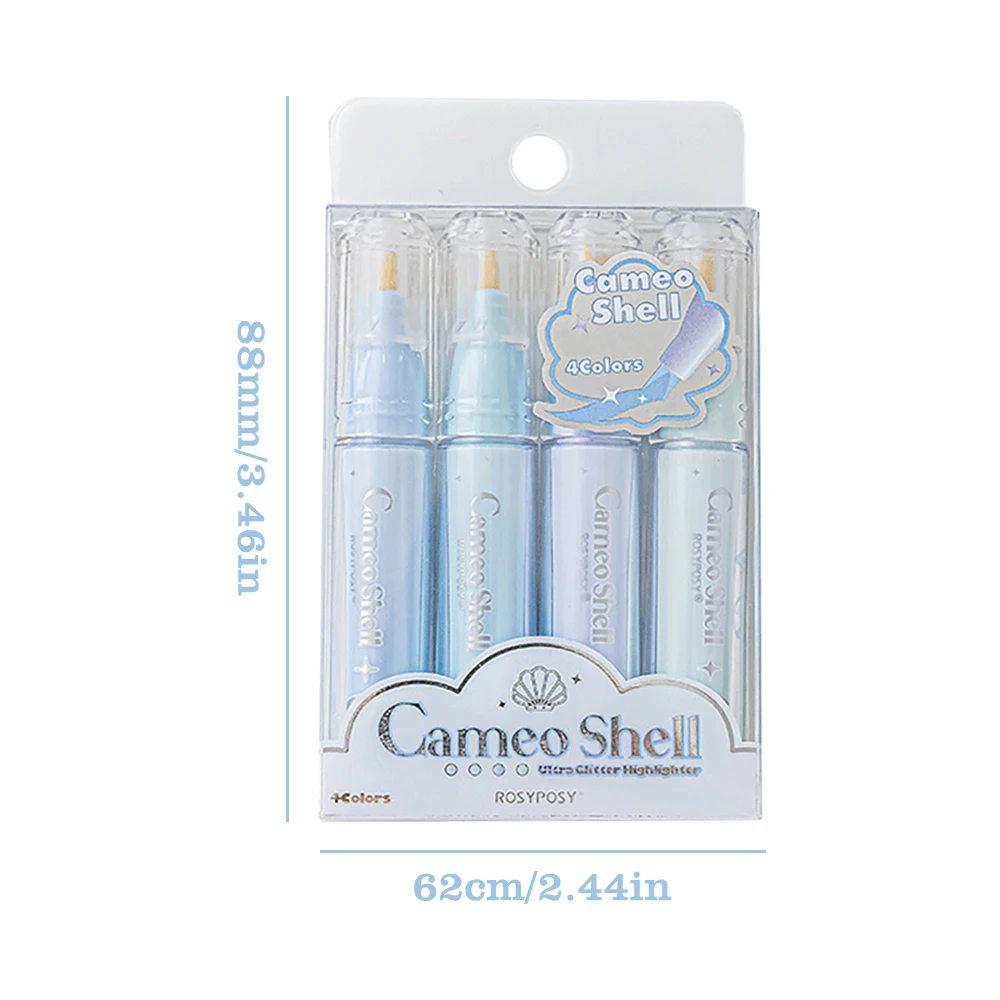 4Pcs Glitter Highlighter Markers - Clear Shiny Sparkle Finish - Cute Cameo Shell Design - Kawaii Stationery for Girls