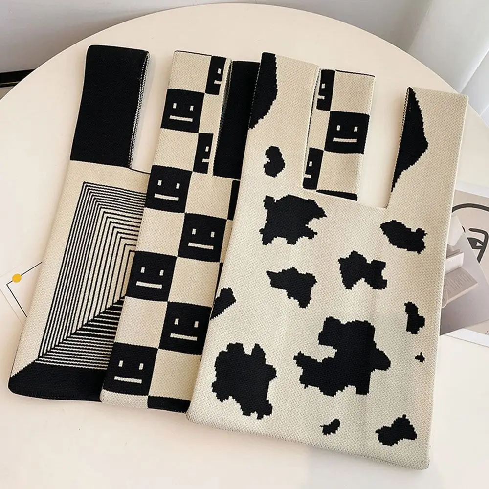 Handmade Knit Handbag Women Mini Knot Wrist Bag Casual Color Plaid Tote Bag Student Reusable Shopping Bags
