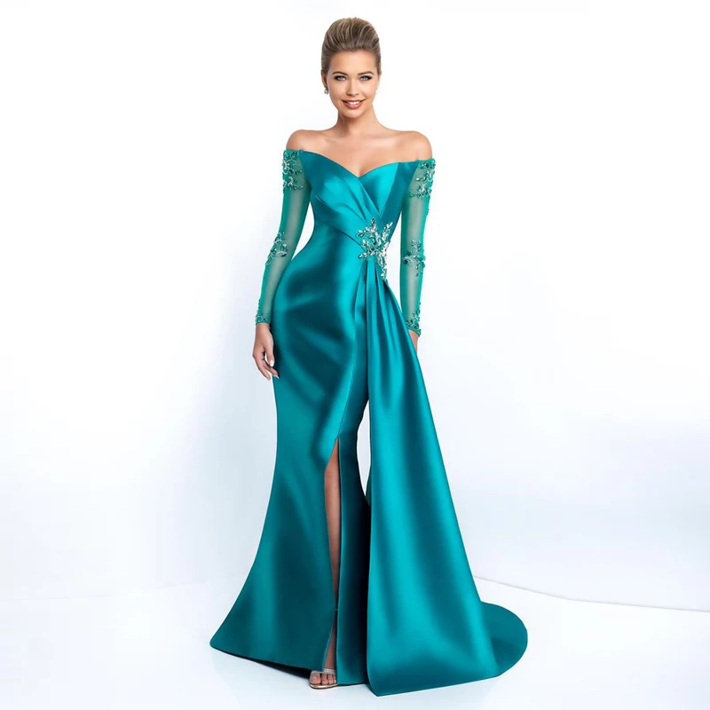 

Blue Elegant Aqua Green A-Line Prom Dresses Off Shoulder V-neck Lace Long Sleeve Side Split Robe De Soirée De Mariage Zipper Up