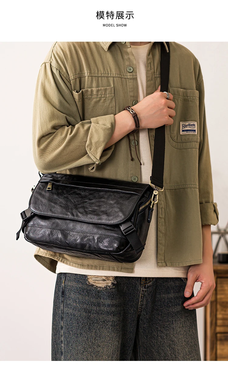 Organisatoren Designer handgemachte pflanzlich gegerbte Rindsleder Männer Umhängetasche Mode Persönlichkeit echtes Leder schwarze Umhängetasche – Detail 5