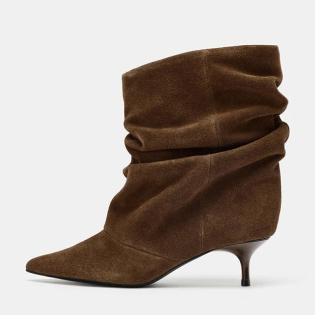 Liyke Designer Pleated Sued Ankle Boots For Women Winter Street Vintage Pointed Toe Thin Low Heels Runway Shoes Brown Booties 4