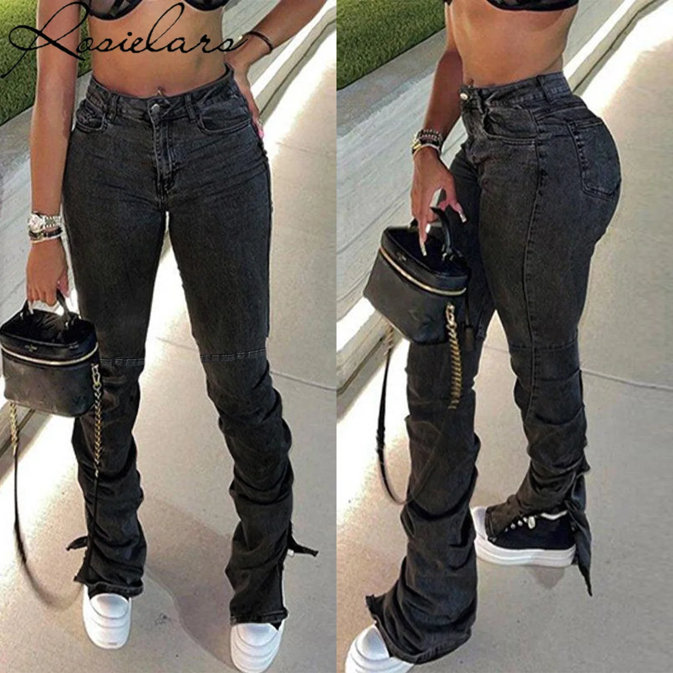 

2023 Cusual Wide Leg Slit Jeans Ripped Trousers Women Streetwear Woman Streetwear Denim Pants Low Rise Jean Flare Jeans Black