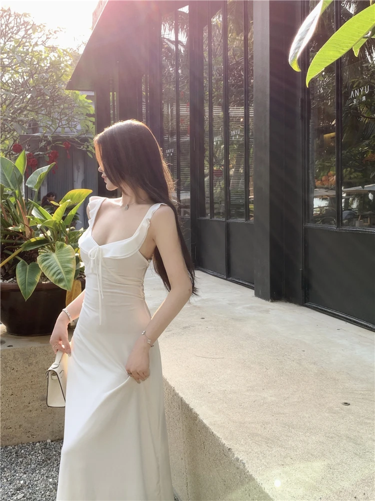 Spaghetti Strap Knitted Dresses for Women Lace-up Slim Solid Square Collar Elegant Sexy Korean Fashion Vestidos Mujer New