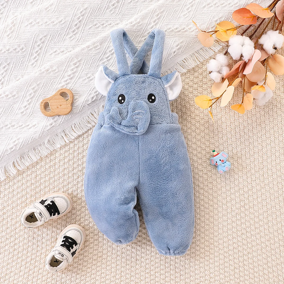 【Cute 3D Elephant Design】Baby Boy Double-Sided Fleece Overalls, Thickened and Warm, Animal-Shaped Pants with Elastic Cuffs for Autumn and Winter Outings 1