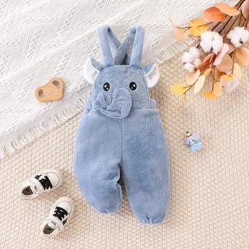 【Cute 3D Elephant Design】Baby Boy Double-Sided Fleece Overalls, Thickened and Warm, Animal-Shaped Pants with Elastic Cuffs for Autumn and Winter Outings 1