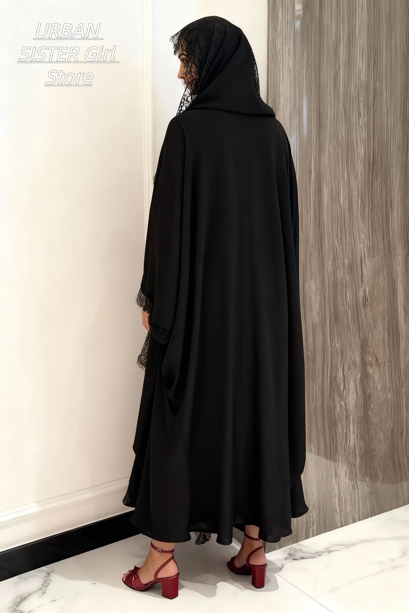 عباءة ساتان سوداء مزينة بالدانتيل، زي إسلامي رسمي للعيد في الشرق الأوسط