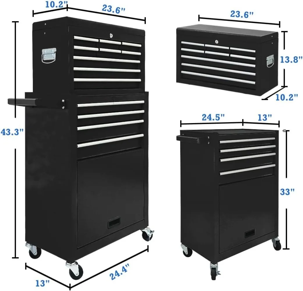 13 Drawers Tool Chest with Wheels,Large Capacity Tool Storage Cabinet with Removable Top Toolbox, Locking Mechanical Tool Cart 3