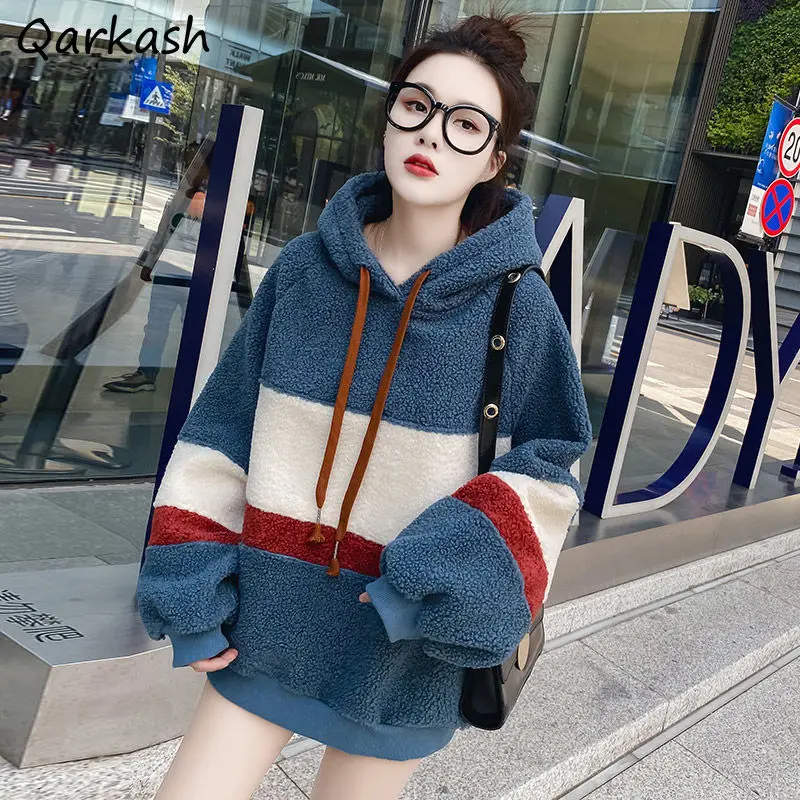 

Lambswool Hoodies Women Spring Autumn Panelled Striped Patchwork Plus Velvet Thicker Hooded Clothing Korean Retro Loose Chic
