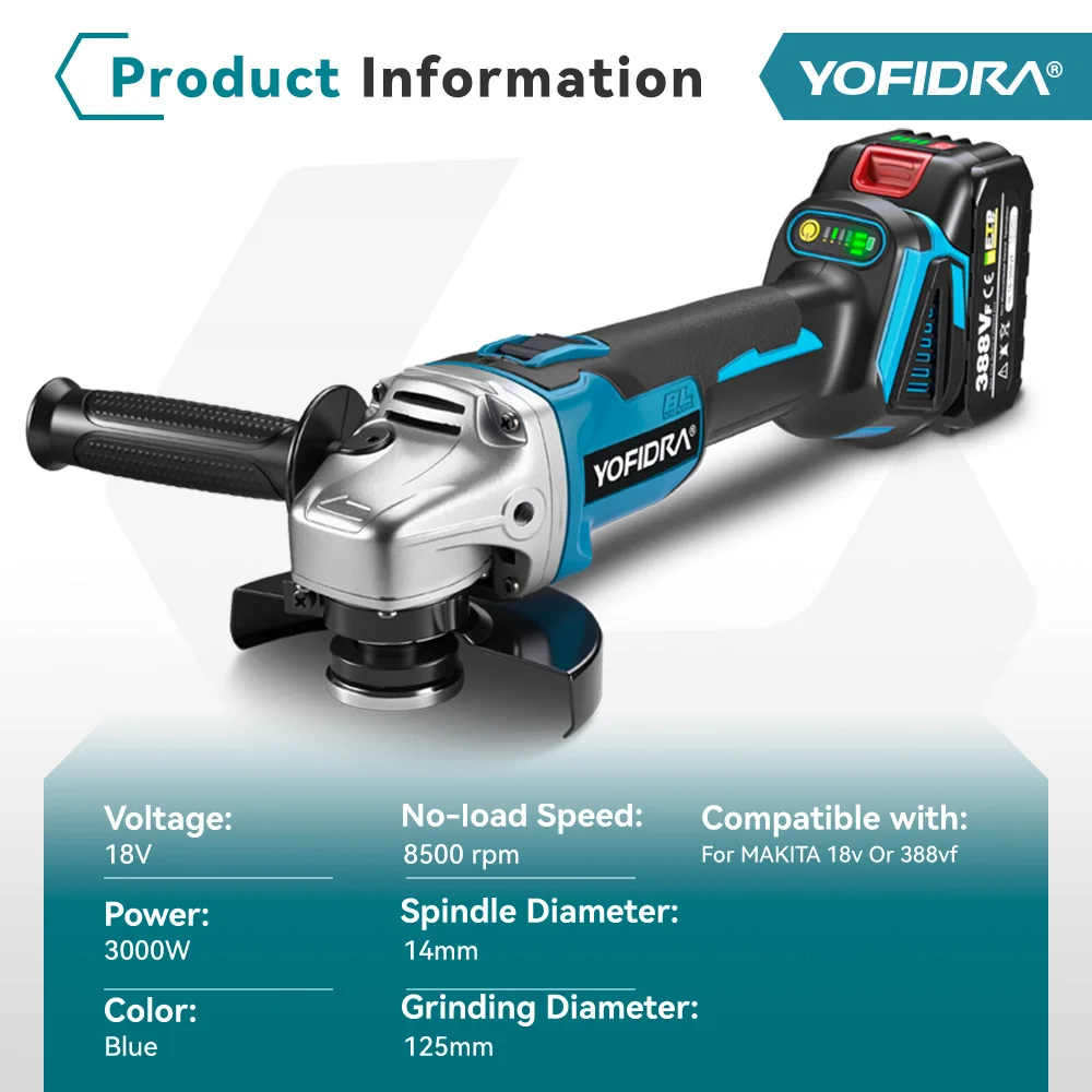 YOFIDRA 125mm Brushless Angle Grinder 4 Gear Cordless Grinding Machine Cutting Woodworking Power Tool For Makita 21V Battery Pin