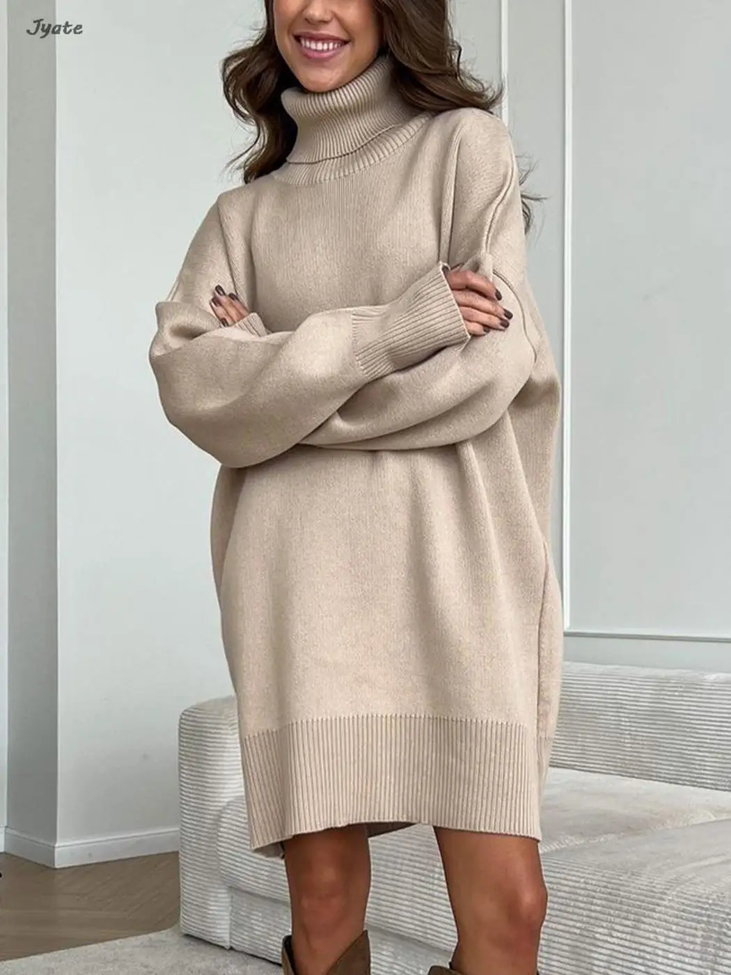

Simple Pit Stripe Thread Knit Short Dress Female Fashion Medium Length Solid Color High Neck Warm Loose Sweater For Women