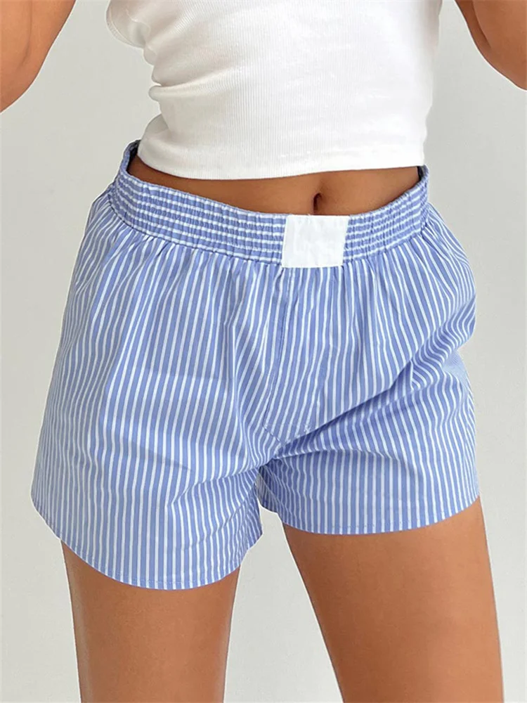 Women Summer Casual Pajama Shorts Kawaii Striped Boyshorts Elastic Loose Fit Button Lounge Bottoms Pj Y2K Home Suit_ecoleips.com