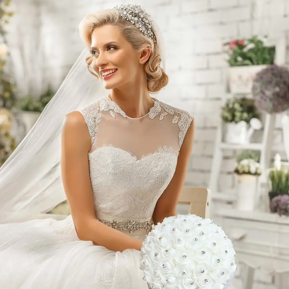 Artificial Bouquet White Bridal Wedding Bouquet Artificial with Crystal Pearl for Wedding Engagement Home Decor