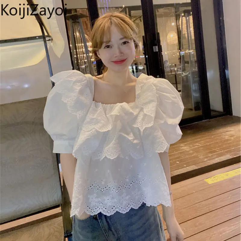 

Koijizayoi Ruffled Lace Women Fashion Sweet Blouse Square Collar Summer Lady Chic Korean Shirt 2022 New Cropped Tops Blusas