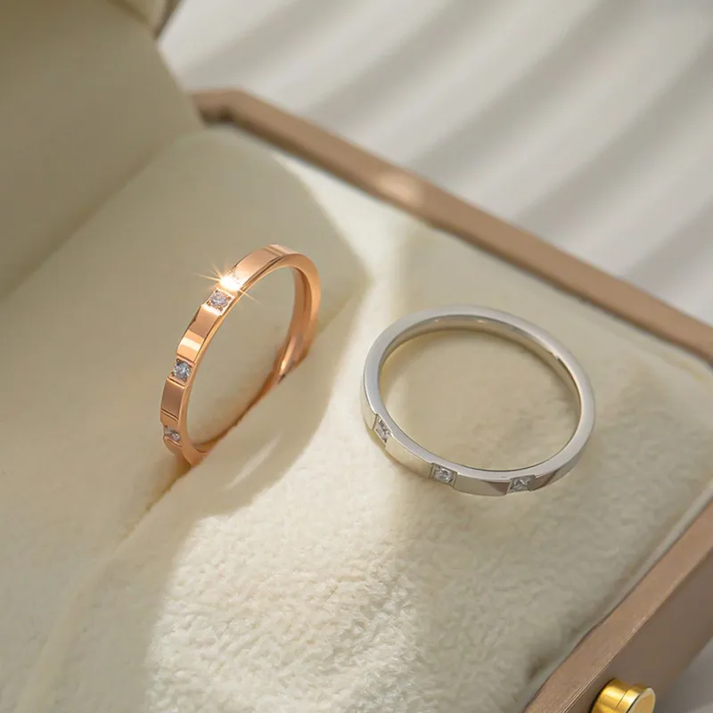 Wedding Band Stackable Ring Stainless Steel 2mm Thin 3 Stone CZ for Women Girl Size 4-10