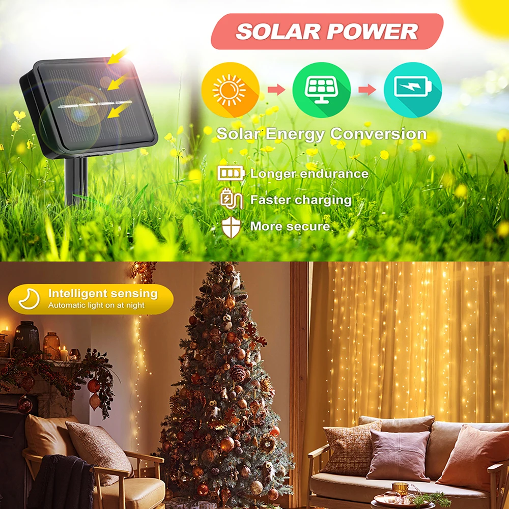 Decorative Lights Outdoor Solar Curtain 300LED Waterproof String Lights Garden Yard Pavilion Fairy Garland Holiday
