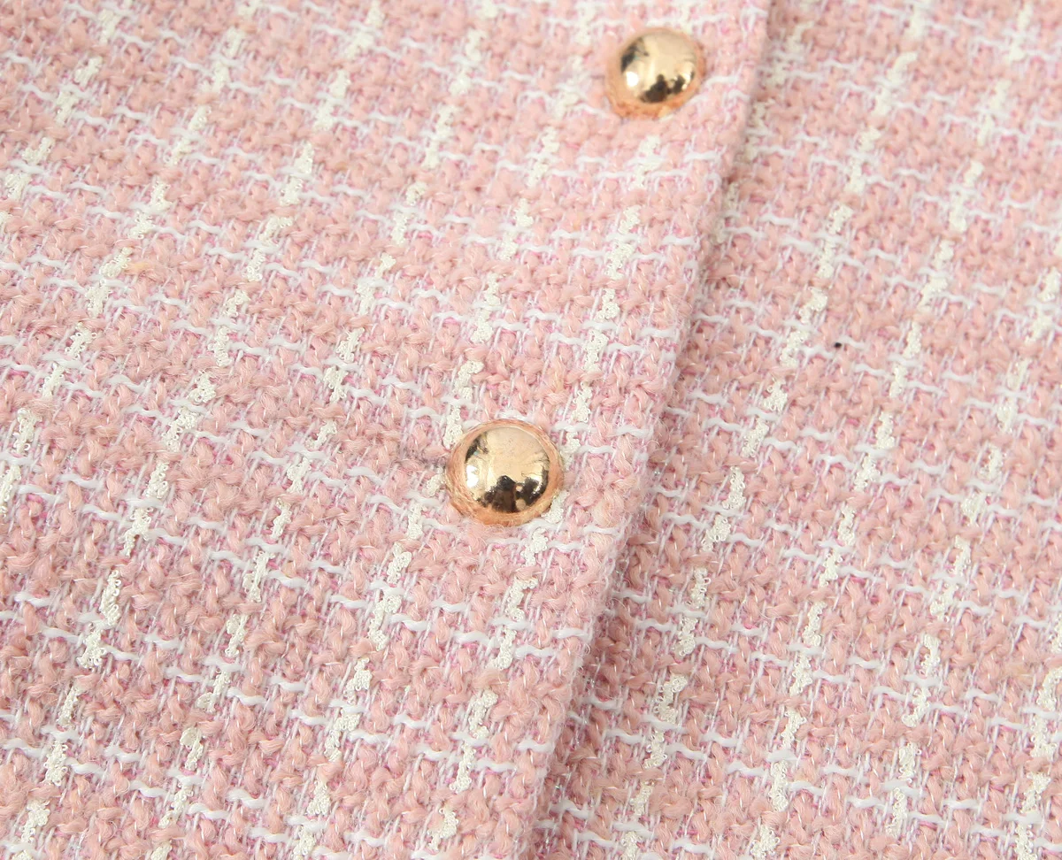 2 pieces 1 Set French Style Retro Pink Plaid Woven Tweed Blazer + High Waist Mini Shorts Pants Suits