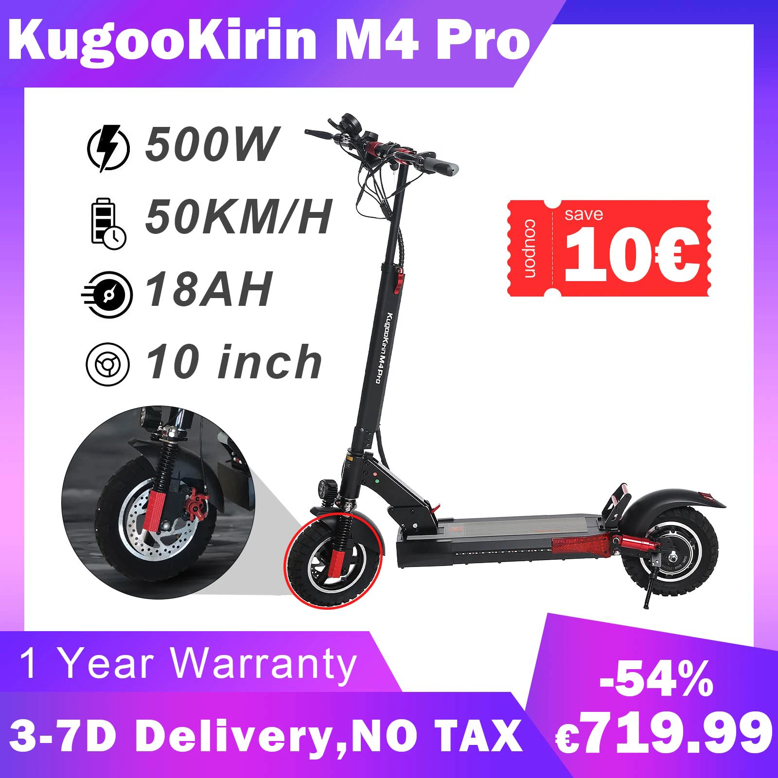 Kugookirin M4Pro Scooter Elettrico Intelligente Monopattino Elettrico Con Portata Di 70Km 500W Motore 18Ah Capacità 50 Km/H 10 "Pneumatico Fuoristrada