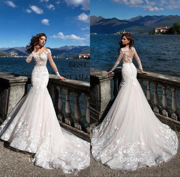 

Stunning Mermaid Bridal Gown with Sheer Long Sleeves and Lace Detailing Illusion Backless Wedding Dress with Elegant Court Train