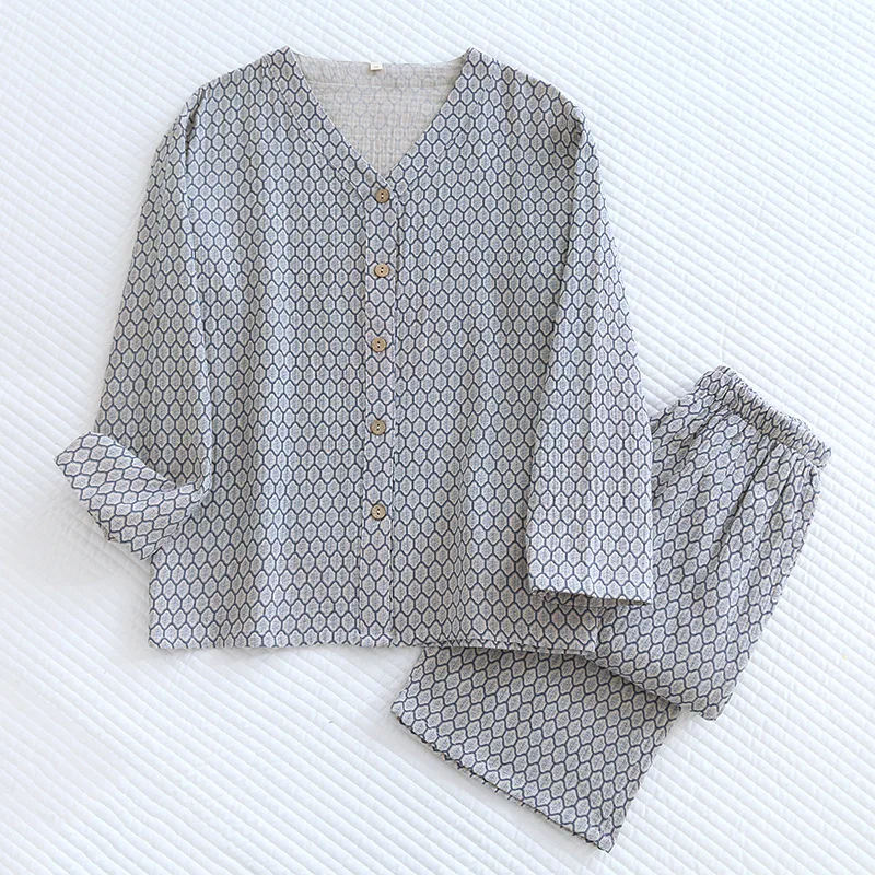 بيجامات نسائية بأكمام طويلة ، قطن ، توب برقبة على...