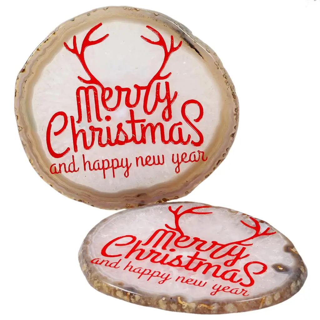 Natural Agate Slice Engraved Merry Christmas And Happy New Year Irregular Stone For Desktop Ornaments Home Decor