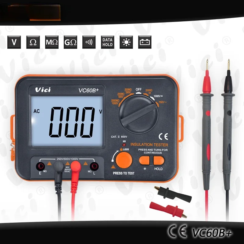 60B+ resistance tester Digital Insulation Resistance Tester 1000V Test DC AC 2000m Ohm High Voltage Short Circuit Input Alarm VC60B