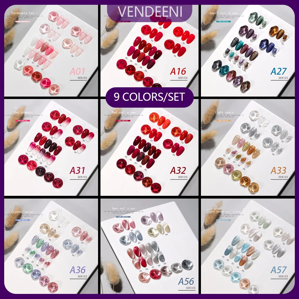 

Vendeeni 9 Colors/set Pure Colour Diamonds Cat Eye Gel Nail Polish Soak Off UV LED Nail Art Design Glitter Gel Varnish 15ml