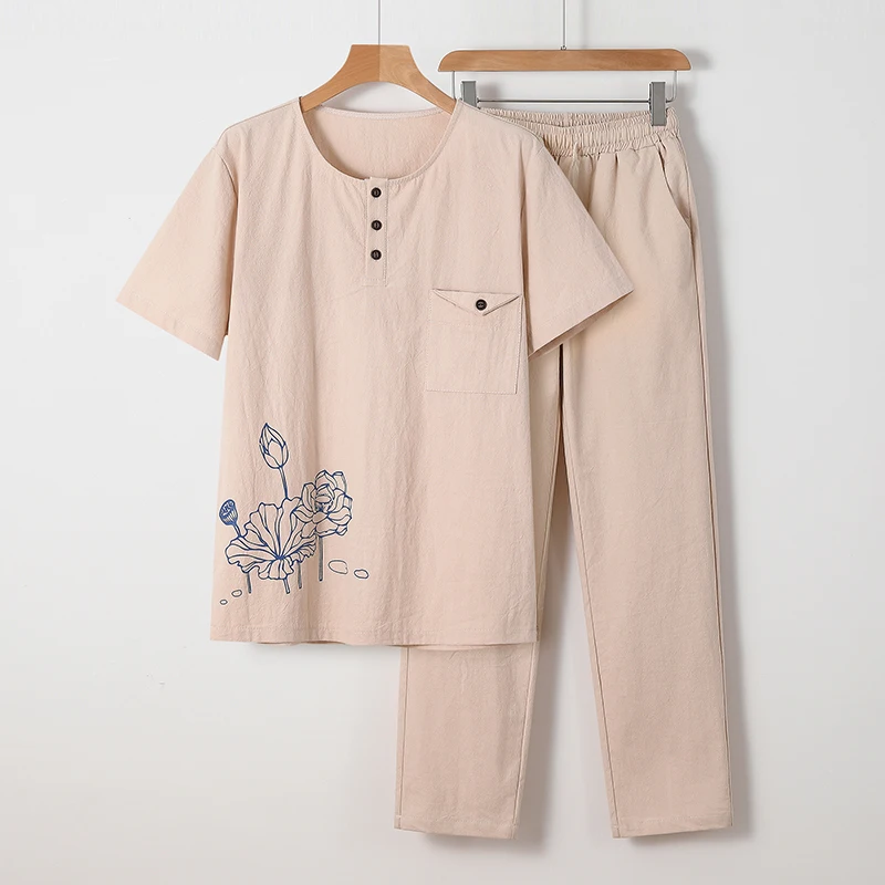 

New Arrival Men's Cotton and Linen Short Sleeve T-shirt+Ankle Length Pant Set Solid Shirt+Trousers Home Suits Male Size S-5XL