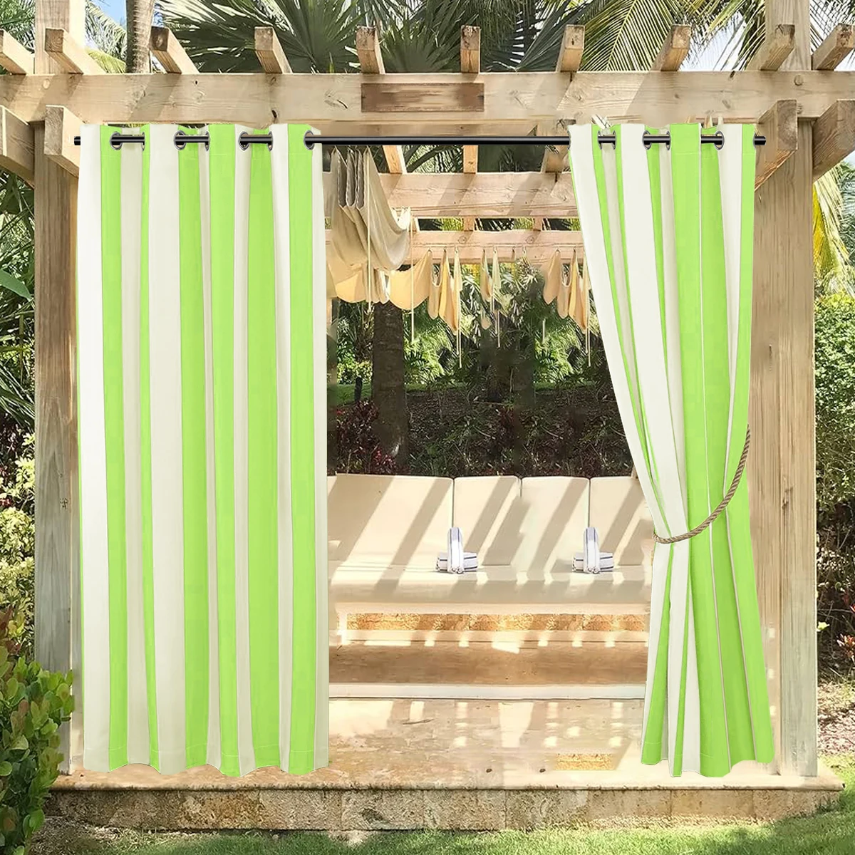 2 Panels Striped Outdoor Grommet Fliter Curtains For Patio, Gazebo And Cottage, Soft Fabric, Privacy, Weatherproof, Waterproof 6
