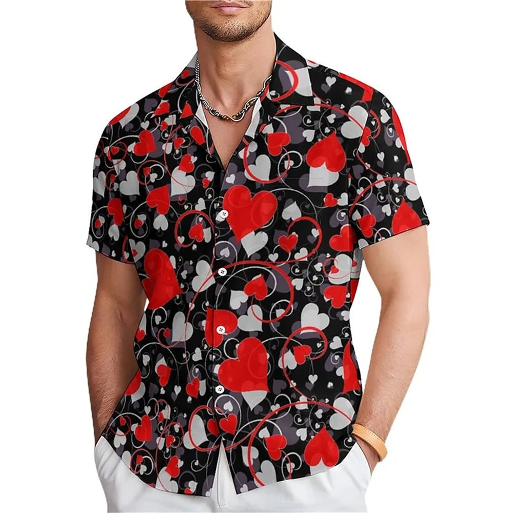 

New Heart Shape Casual Men's Shirt Casual Weekend Summer Slim Short Sleeve S-5XL Four-Way Stretch Fabric Shirt Valentine's Day