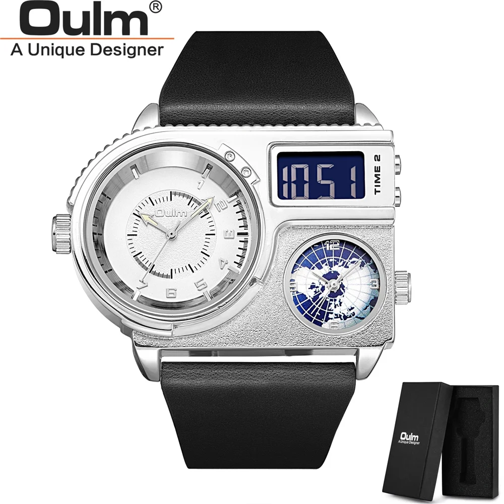 Oulm 5026 New Dual Display Two Time Zone Sport Watch Male Big Dial Quartz Clock Hours Men's Genuine Leather Strap Wristwatch 