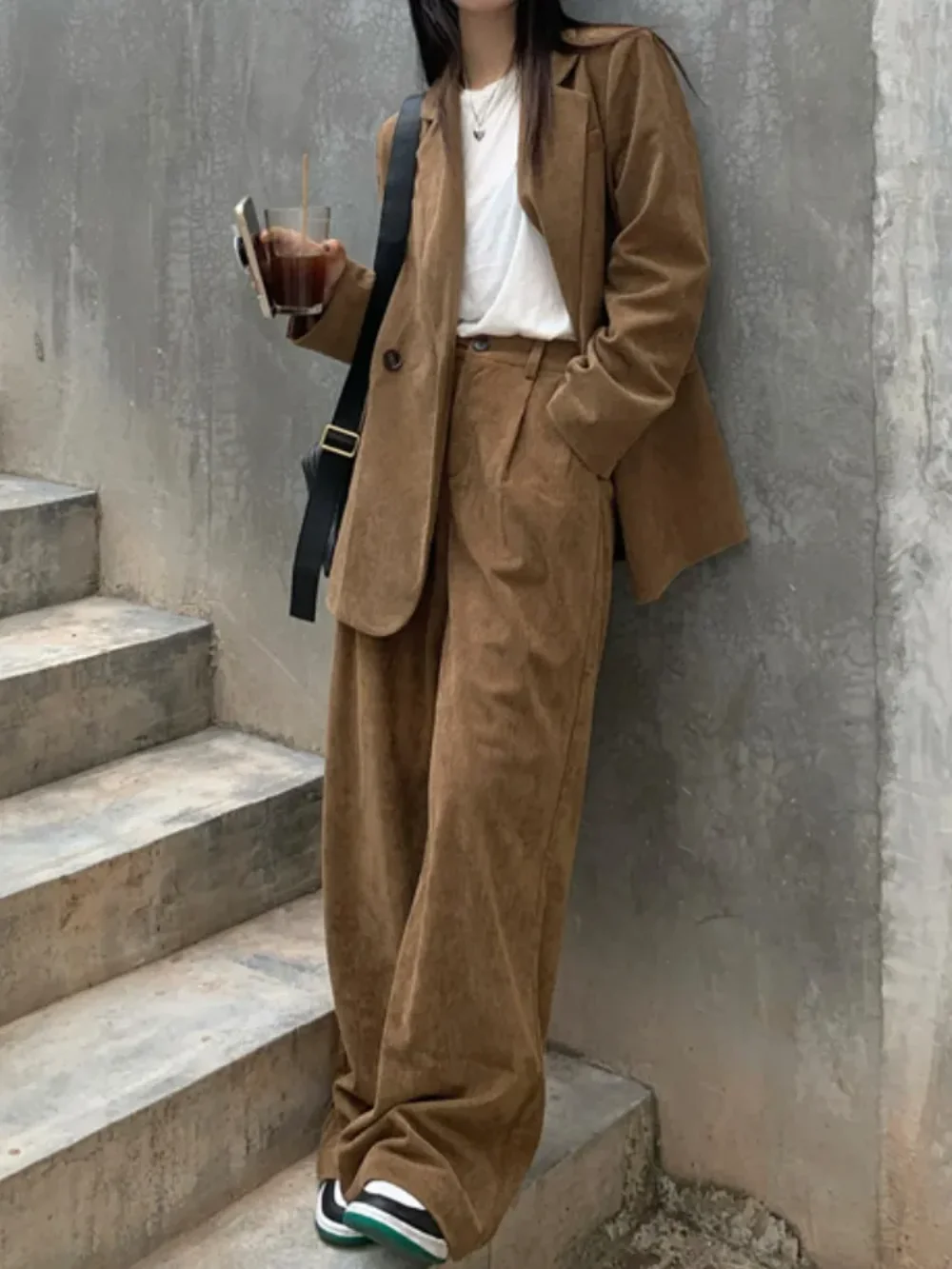 2023 Fashion Elegant Casual Women Blazer Pantsuits Autumn Office Corduroy Loose Business Trousers Suit Femme Streetwear Outfits