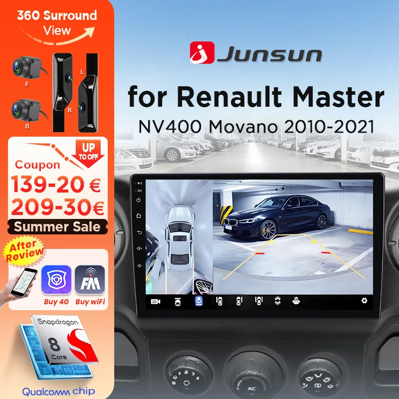 Junsun 360 ° Cámara panorámica Radio de coche para Renault Master Nissan NV400 Opel Movano 2010 - 2021 inalámbrico CarPlay Android Auto GPS 1