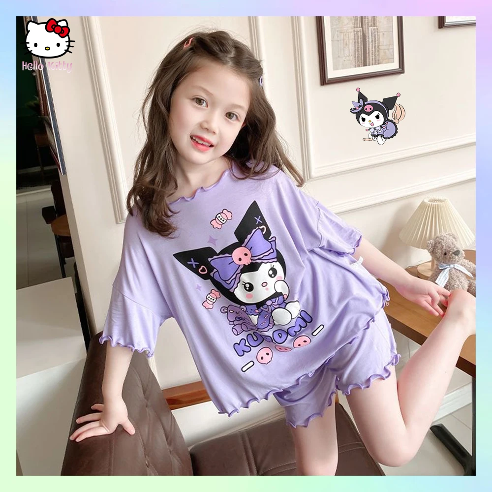 

Sanrioed Anime Cinnamoroll Kuromi Melody Girl Summer New Thin Style Pajamas Cartoon Short Sleeved Shorts Kawaii Kids Homewear