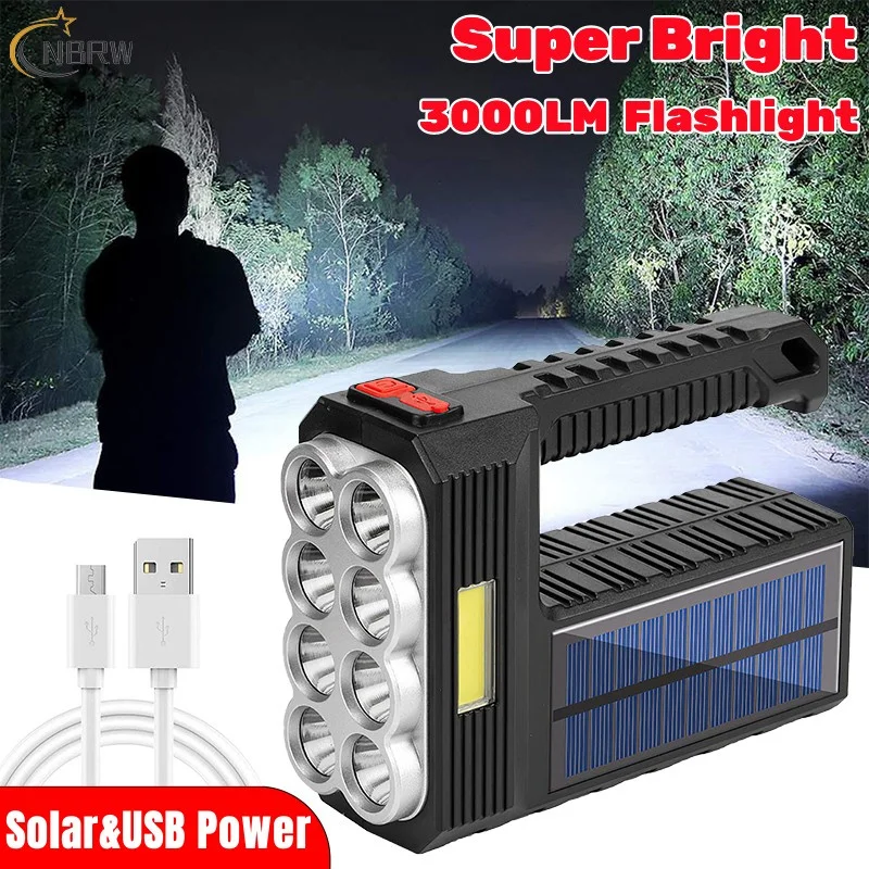 

High Power Led Flashlight Waterproof USB Rechargeable Flashlights Searchlight Built-In Battery Outdoor Solar Lighting Torchlight