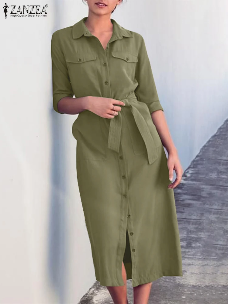 

Fahion Lapel Collar Sundress ZANZEA Summer Women Bandage Midi Dress 2024 Vintage Single Breast Robe Casual Loose Pockets Vestido