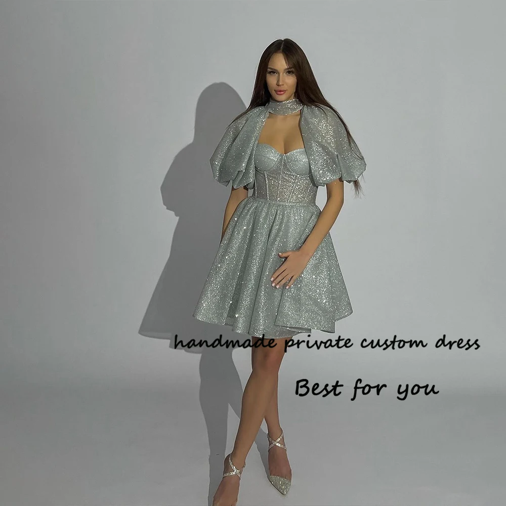 

Sparkly Gray Short Prom Party Dresses Short Sleeve Sweetheart Cocktail Dress Above Knee Mini Night Wear Evening Gowns