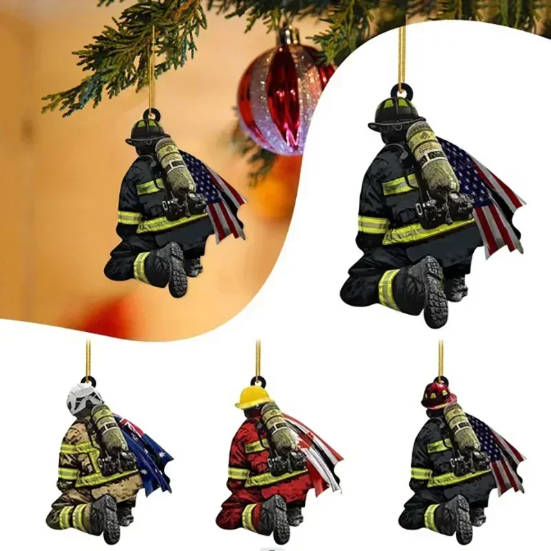 Decorazioni Natalizie Pompiere 4 Pezzi - Ciondoli Albero In Acrilico - Tema Vigili Del Fuoco