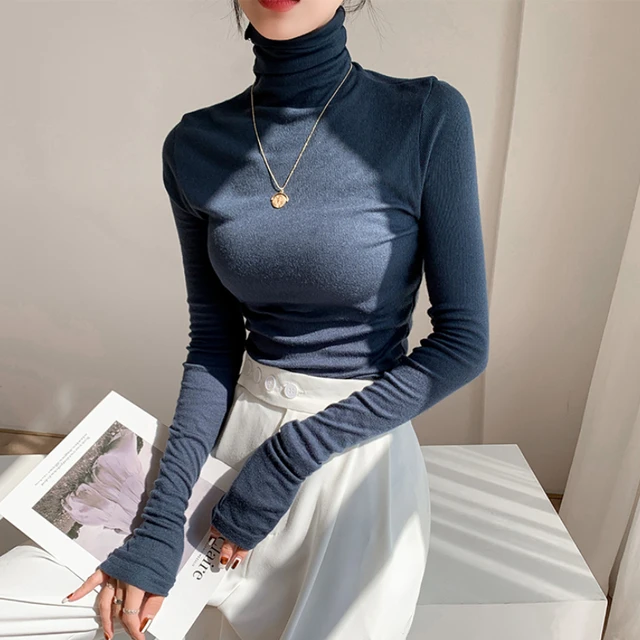 Women Turtleneck Slim Soft Long Sleeve T Shirts Lady Elegant Stretchy Solid  Base Undershirts Tees Female Basic T-Shirt Top - AliExpress