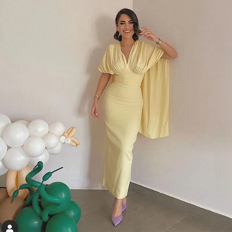 

Merida Yellow Prom Dress Mermaid Sheath Cap Sleeves Ankle-Length Satin Elegant Formal Dresses For Women 2023