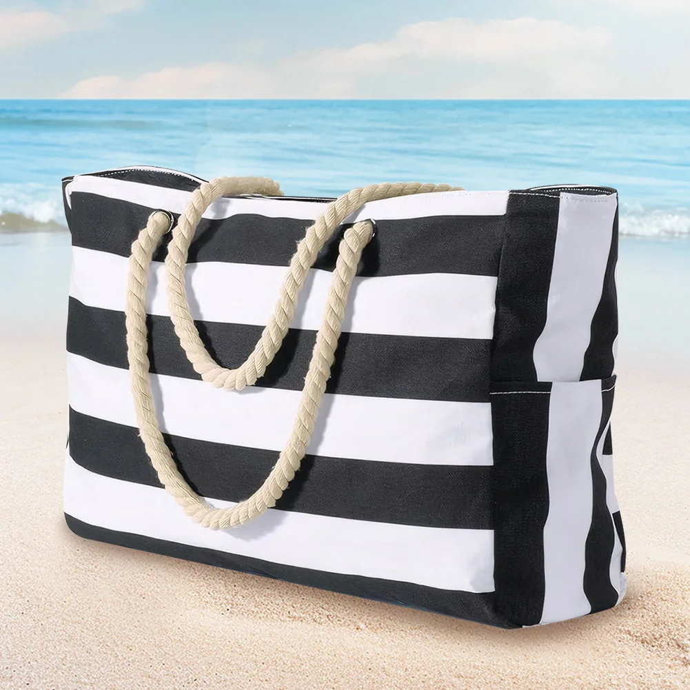 New Striped Beach Tote Bag for Women Foldable Waterproof Sandproof SwimPool Zipper Outer Bag for Summer Vacation Travel Shopping