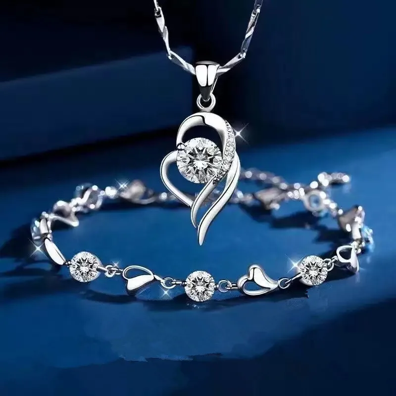  하트 모양 목걸이 팔찌 세트 (여성용/소녀용) 레트로 한국 블루 크리스탈 쥬얼리 세트 오리지널 파티 선물