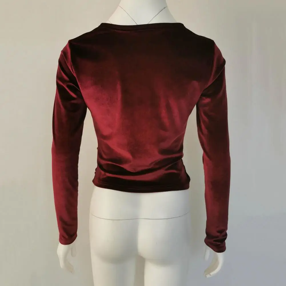 

Charming Crop Blouse Close-Fitting Elastic Pullover Top Solid Color Autumn Navel Exposed Slim Short Tops