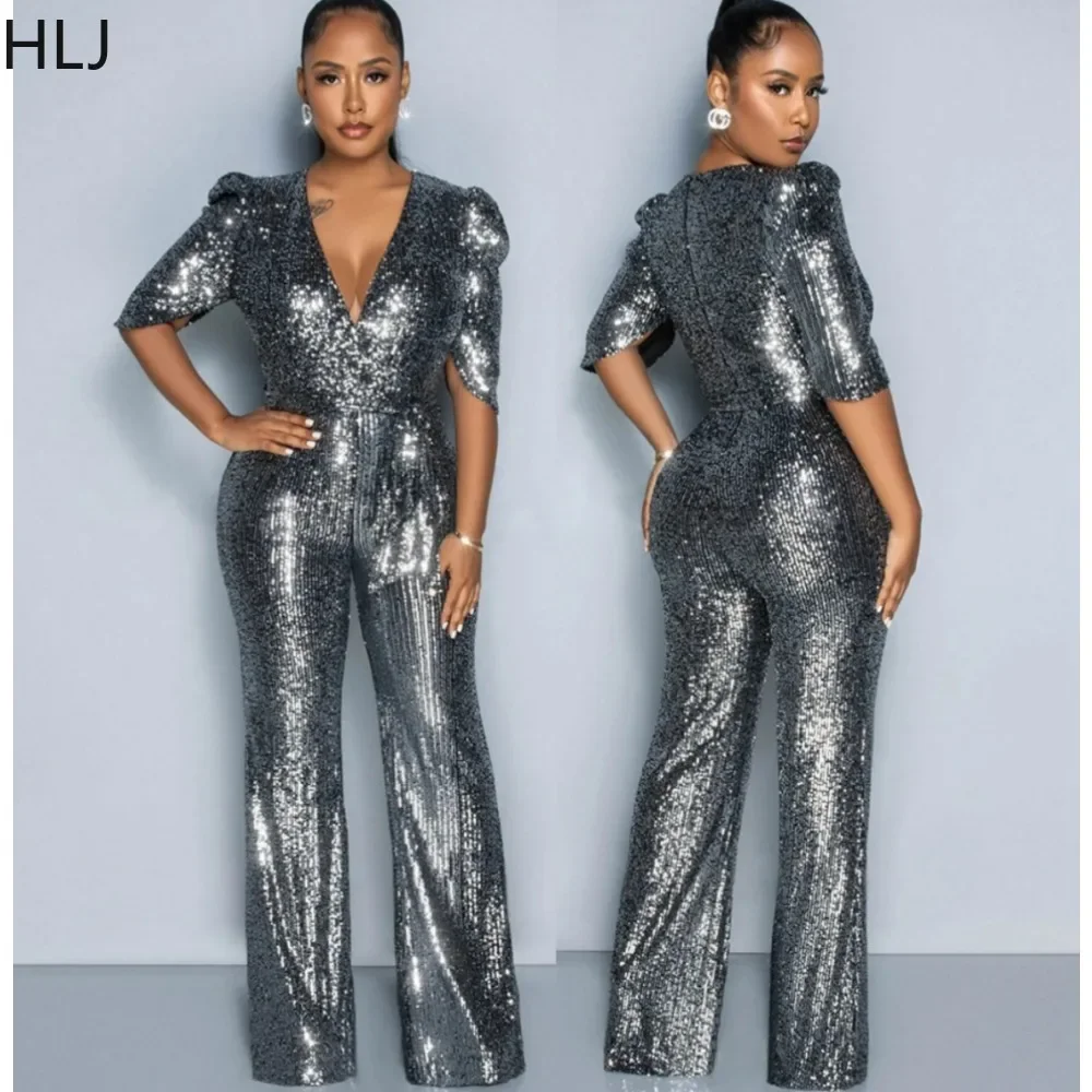 HLJ Fashion Sequin V Neck Half Sleeve Lace Up Party Club Jumpsuits Elegant Women Slim Straight Pants Playsuits Female Overalls