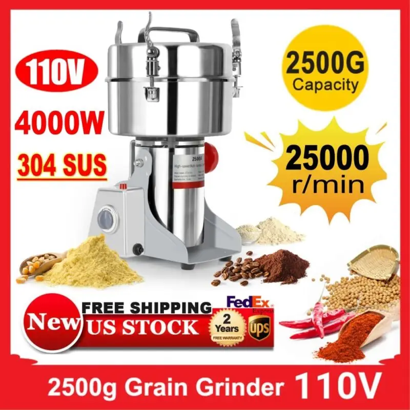 2500g Electric Grain Mill Grinder Stainless Steel Pulverizer Powder Machine for Dry Herbs Grains Spices Cereals Coffee Corn 1 pcs stainless steel storage bottle coffee powder sugar container airtight can holder canister household food storage container