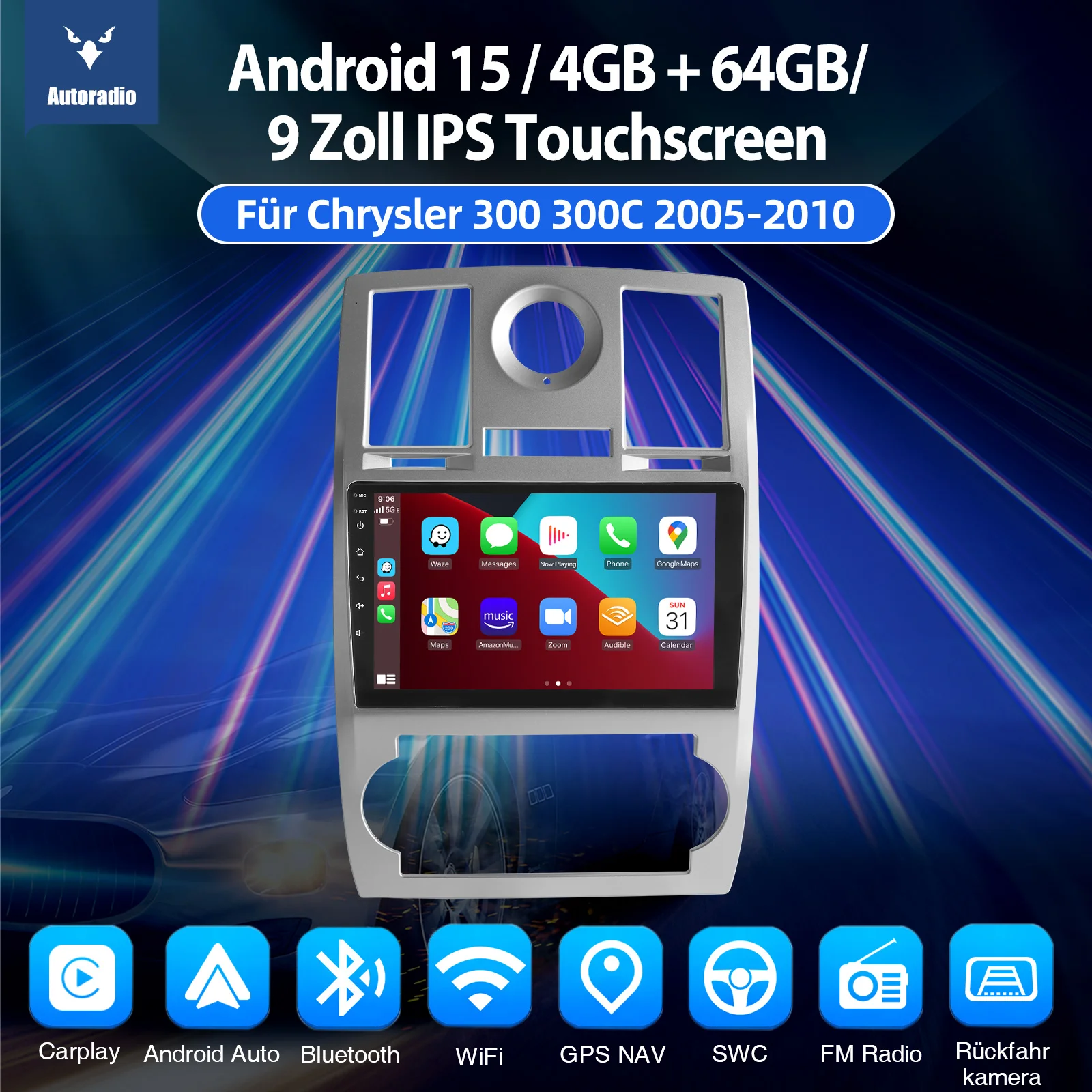 ESSGOO Android 15 9 "Autoradio für Chrysler 300 300C 2005-2010 Drahtlose Carplay GPS NAVI Bluetooth WIFI SWC RDS Spiegel Link USB – Detail 2