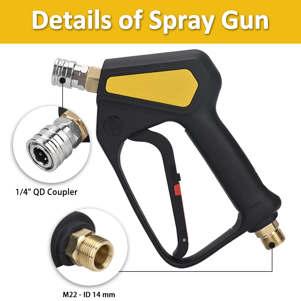 Replacement High Pressure Short Washer Gun ST-2300.Power Washer Trigger Spray Gun with 1/4" Quick Connector Max 310 Bar 4500 PSI 3
