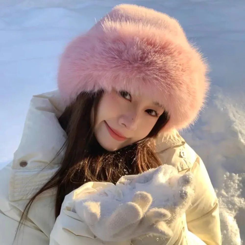 Fashion Headwear Fluffy Fur Winter Hat Solid Color Thicken Bucket Hat Cold Windproof Panama Cap Chrismas Gifts