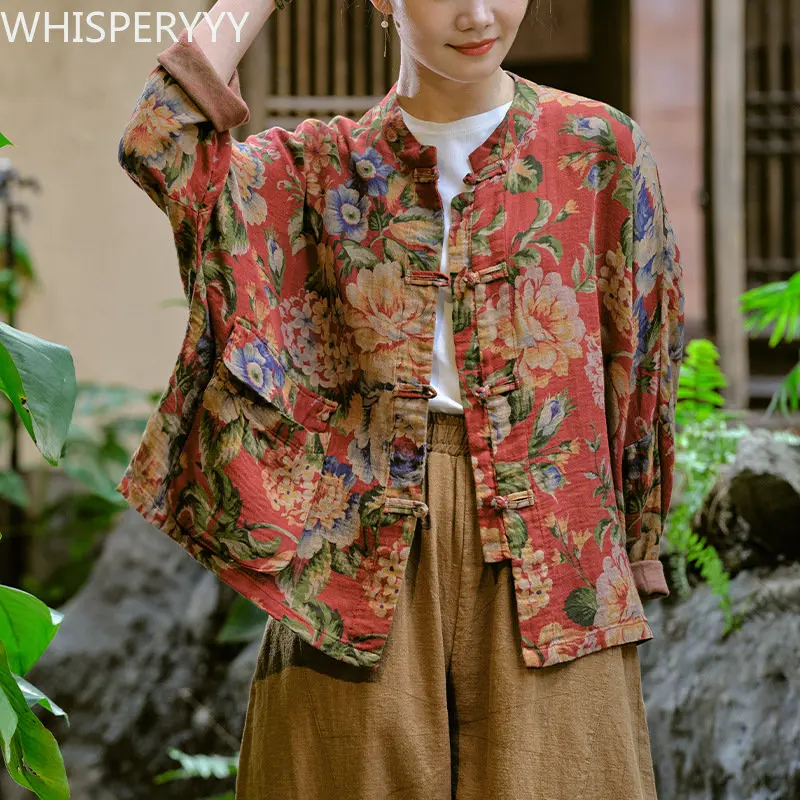Cotton and Hemp Top Women's Retro Chinese Style Shirt Old Cloth Printed Top Long-sleeved Flower Coat Chinese Blouse Women