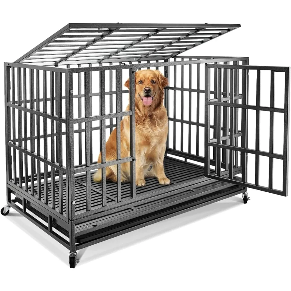 

47 Inch Heavy Duty Dog Crate Metal Cage Kennel High Anxiety Pet Cage With Lockable Wheels & Double Doors for Medium Large Dogs